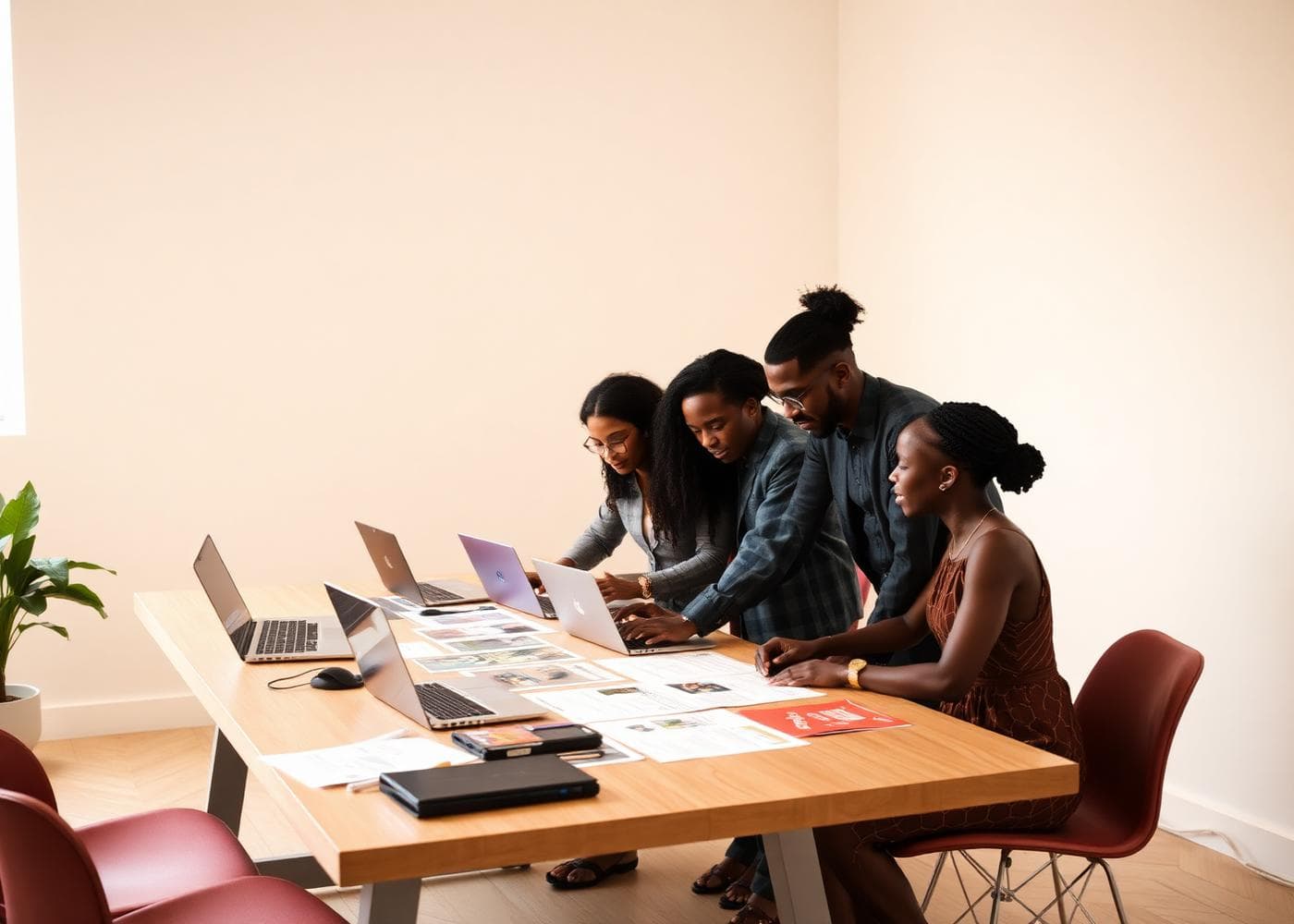 Black digital team collaborating around laptops and campaign materials